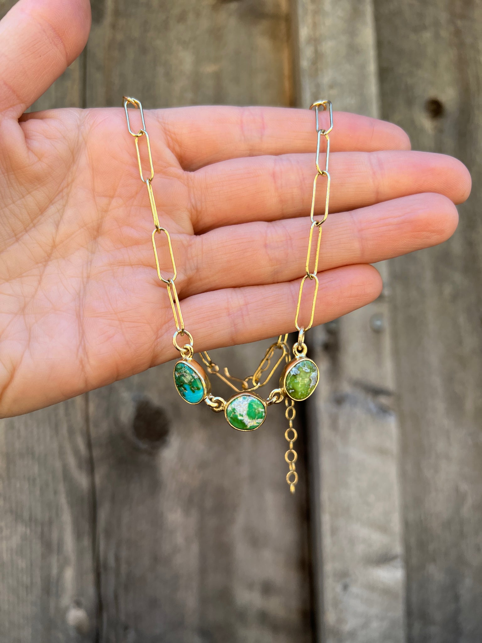 Triple Stone Sonoran Gold Turquoise Necklace in Gold Alchemia with paperclip chain D48
