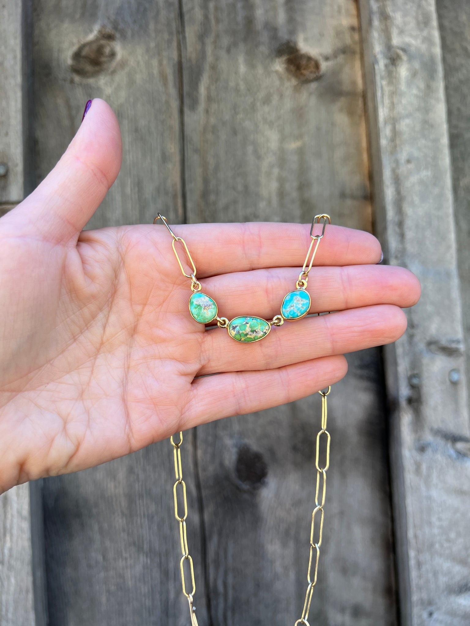 Triple Stone Sonoran Gold Turquoise Necklace in Gold Alchemia with paperclip chain D49