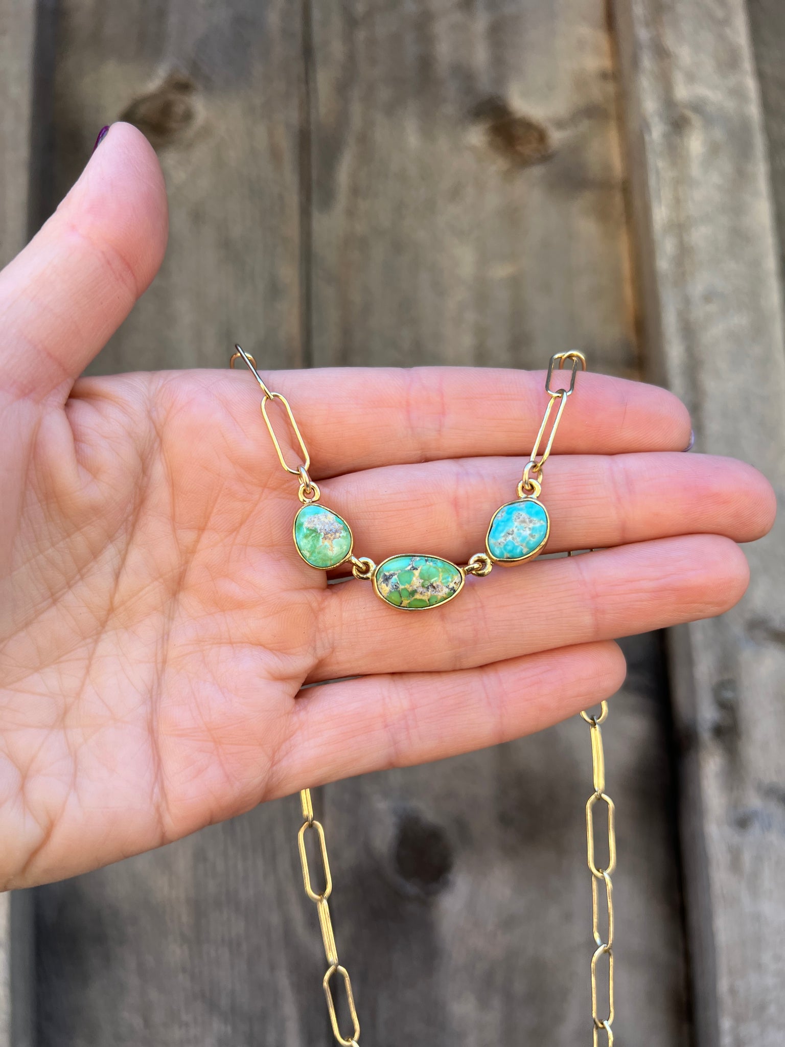 Triple Stone Sonoran Gold Turquoise Necklace in Gold Alchemia with paperclip chain D49