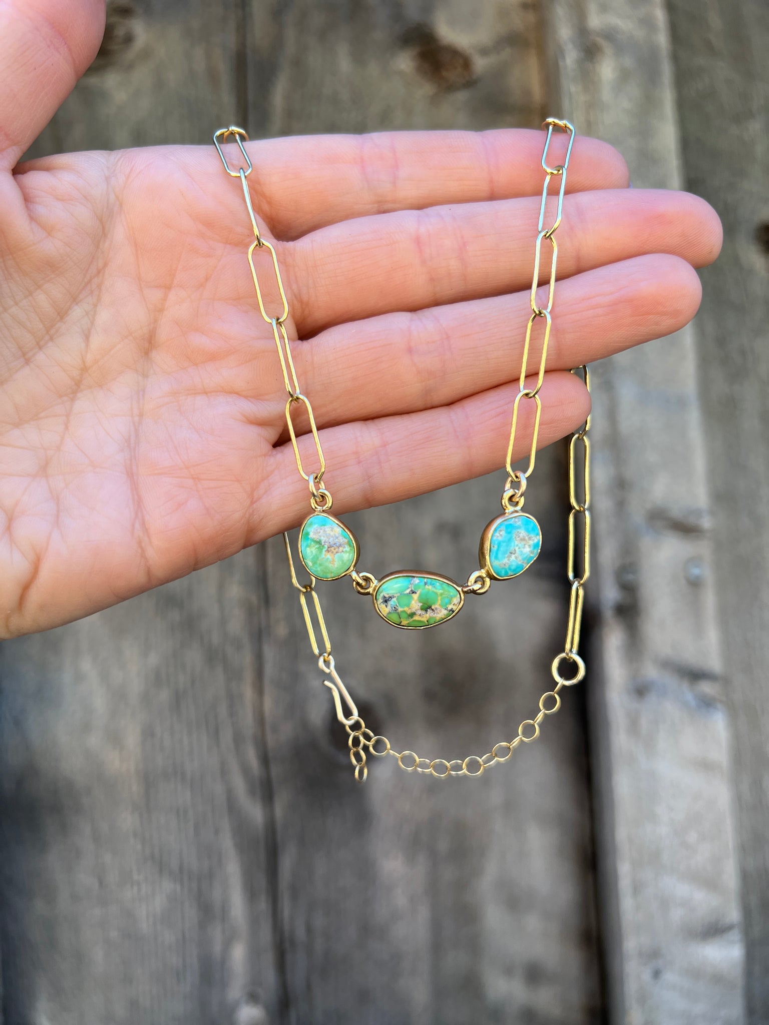Triple Stone Sonoran Gold Turquoise Necklace in Gold Alchemia with paperclip chain D49