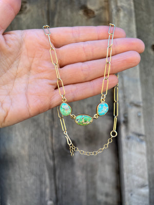 Triple Stone Sonoran Gold Turquoise Necklace in Gold Alchemia with paperclip chain D49