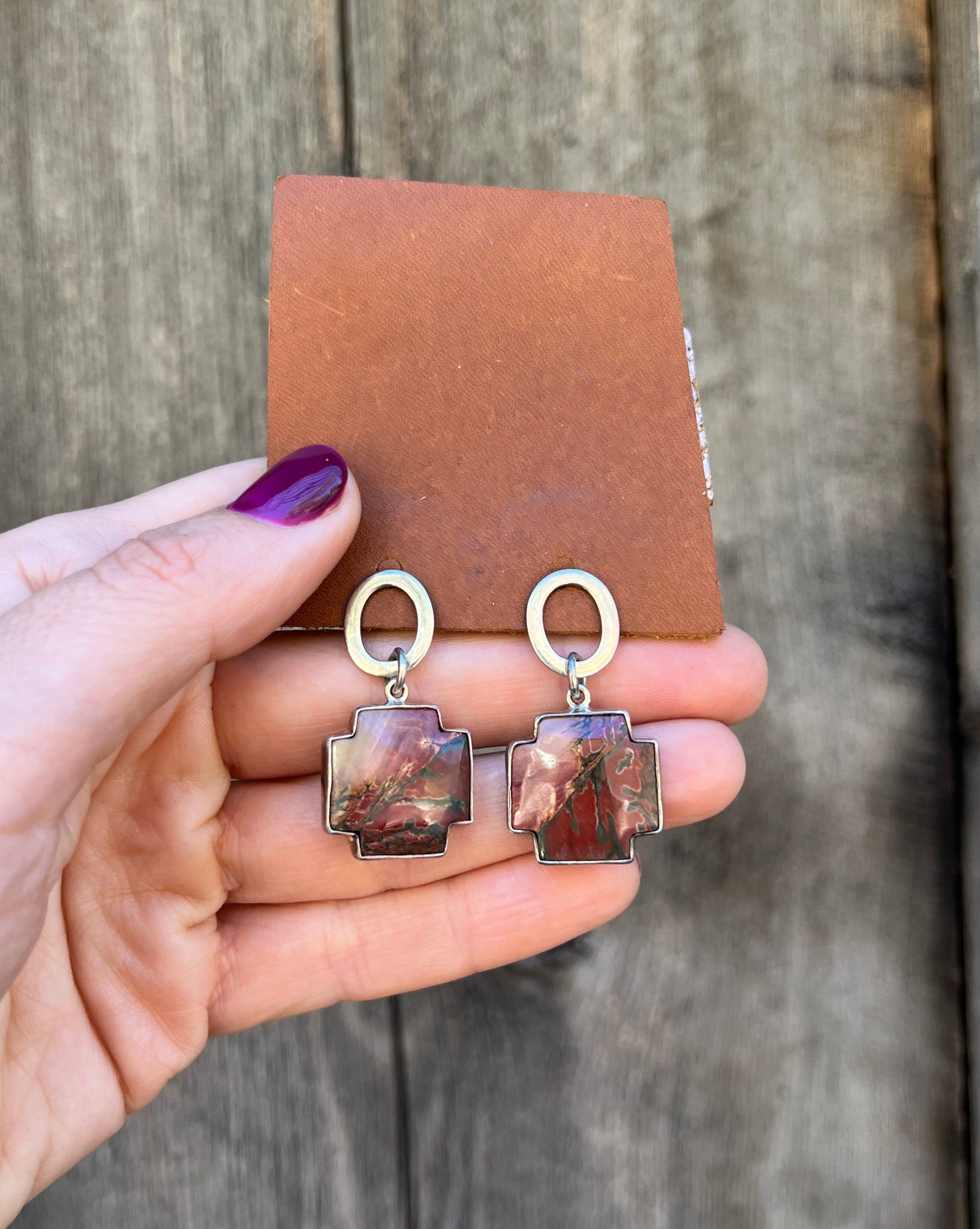 Red Creek Jasper Cross Earring in Sterling Silver D38