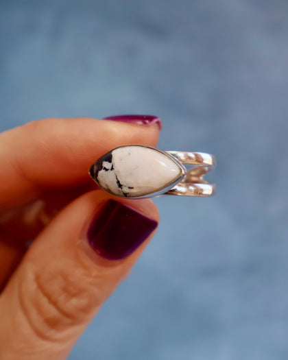 White Buffalo Double Band Adjustable Ring in Sterling Silver