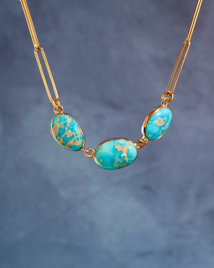 Triple Stone Turquoise Necklace on Gold Fill Paperclip Chain
