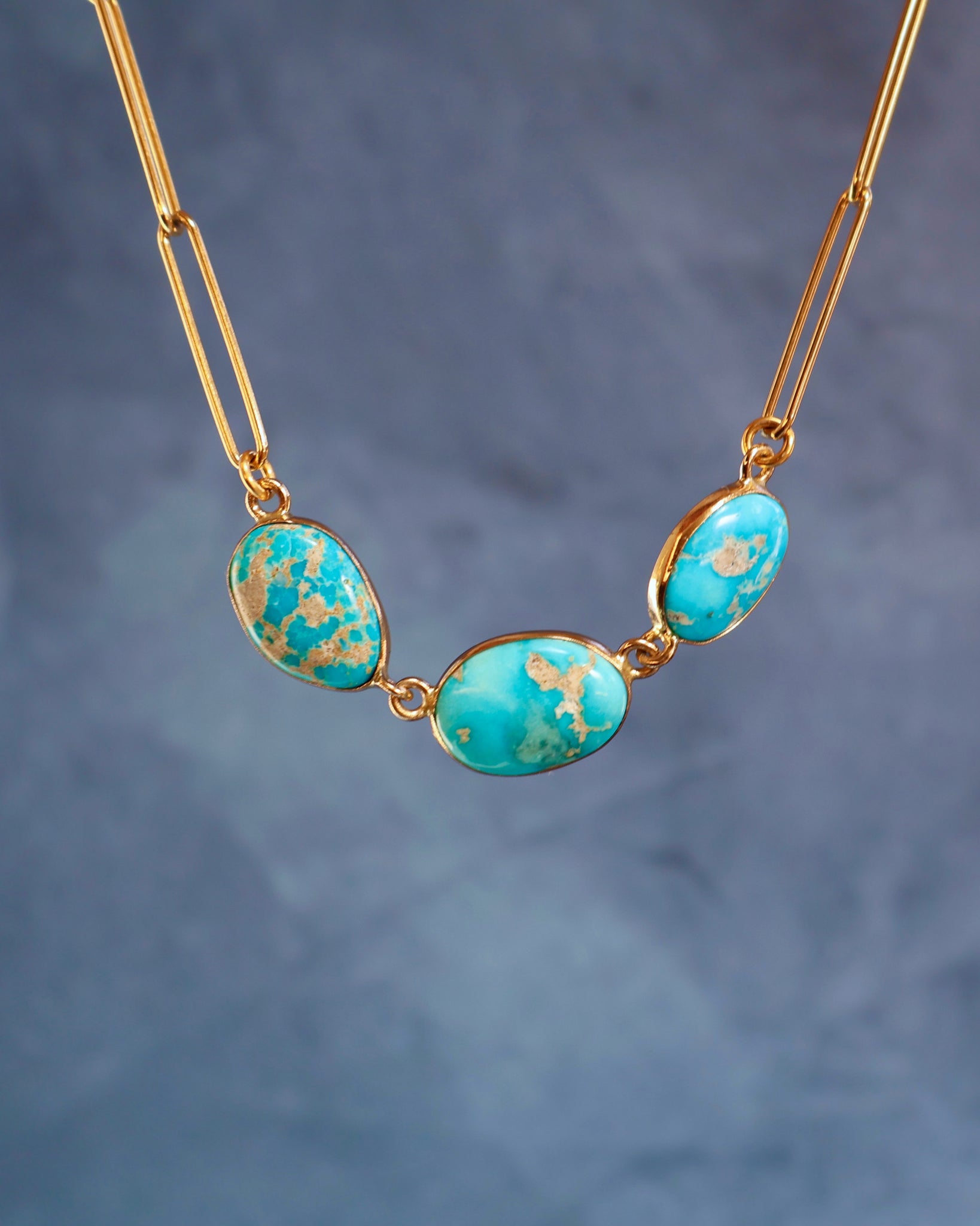 Triple Stone Turquoise Necklace on Gold Fill Paperclip Chain WT127