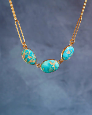 Triple Stone Turquoise Necklace on Gold Fill Paperclip Chain WT127