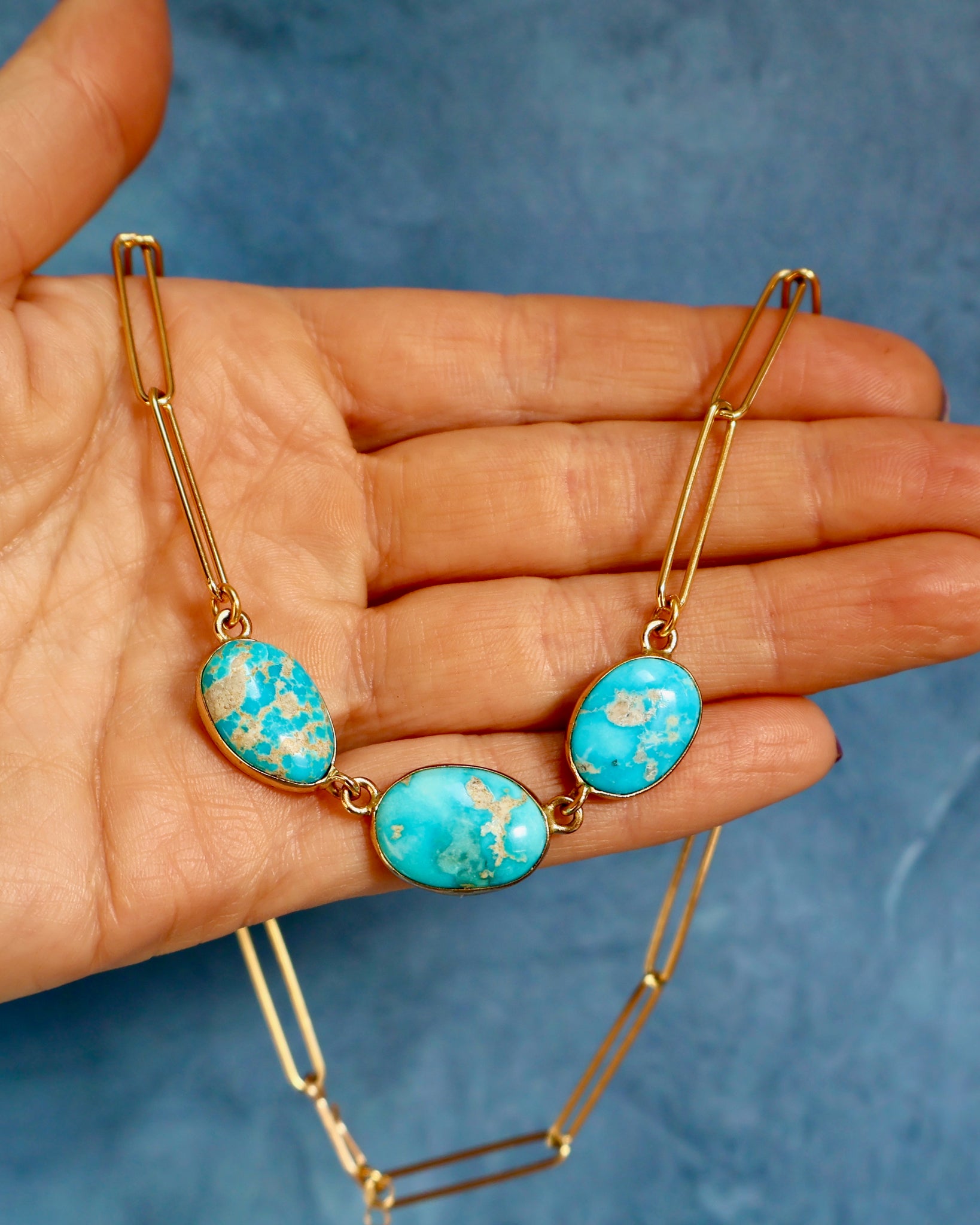Triple Stone Turquoise Necklace on Gold Fill Paperclip Chain WT127