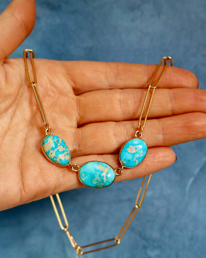 Triple Stone Turquoise Necklace on Gold Fill Paperclip Chain WT127