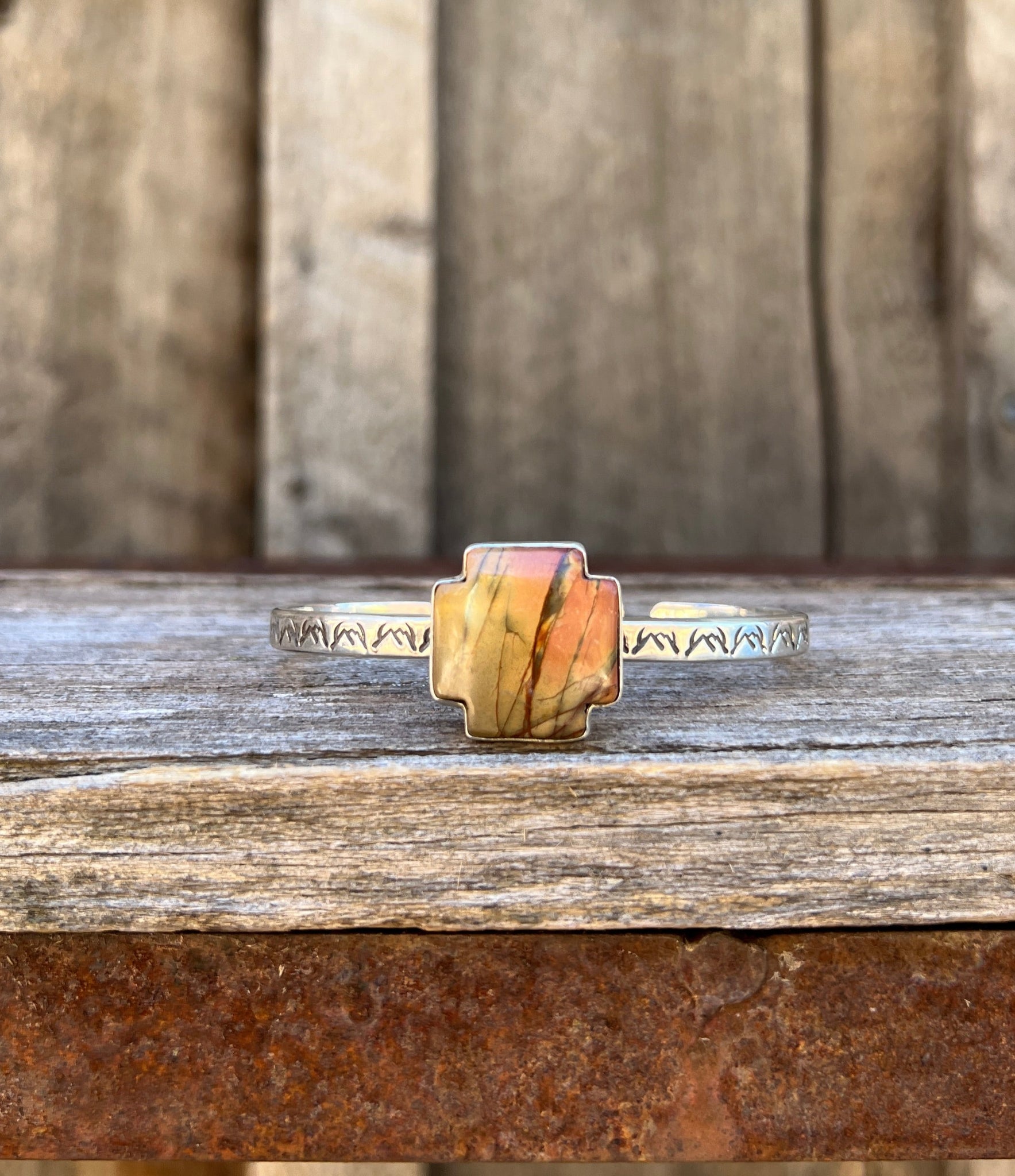 Red Creek Jasper Alpine Cross  & Sterling Silver Mountain Cuff Bracelet D79
