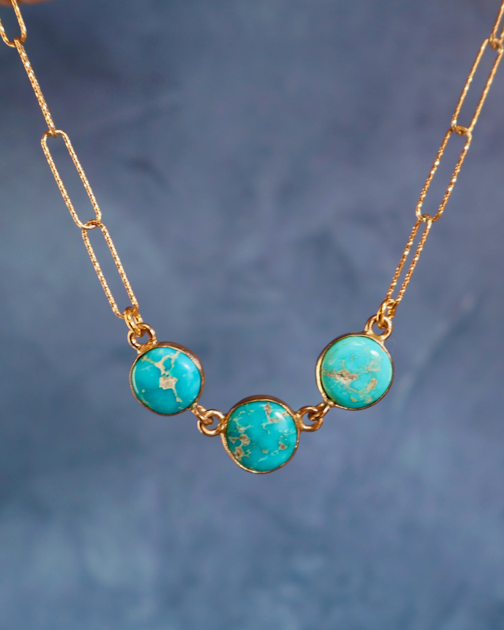 Triple Stone Turquoise Necklace on Gold Fill Paperclip Chain WT128