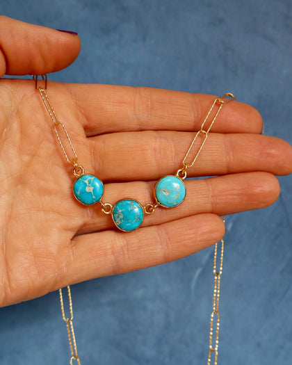 Triple Stone Turquoise Necklace on Gold Fill Paperclip Chain