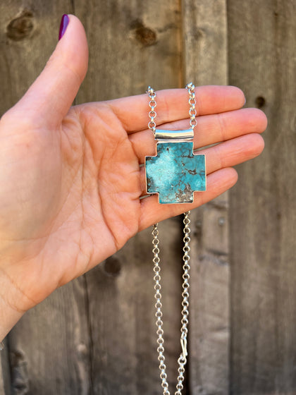 Turquoise Alpine Cross Necklace in Sterling Silver