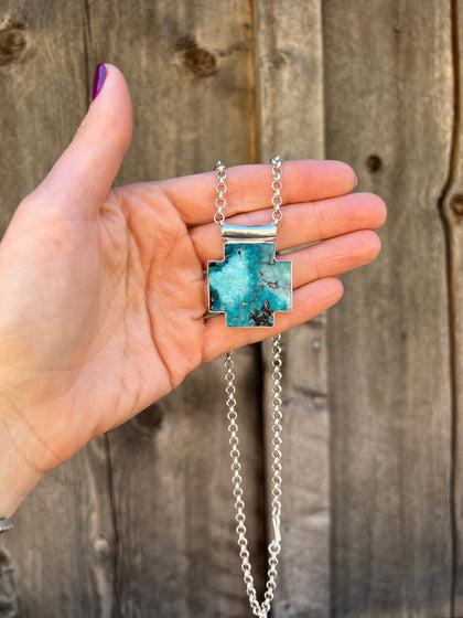 Turquoise Alpine Cross Necklace in Sterling Silver