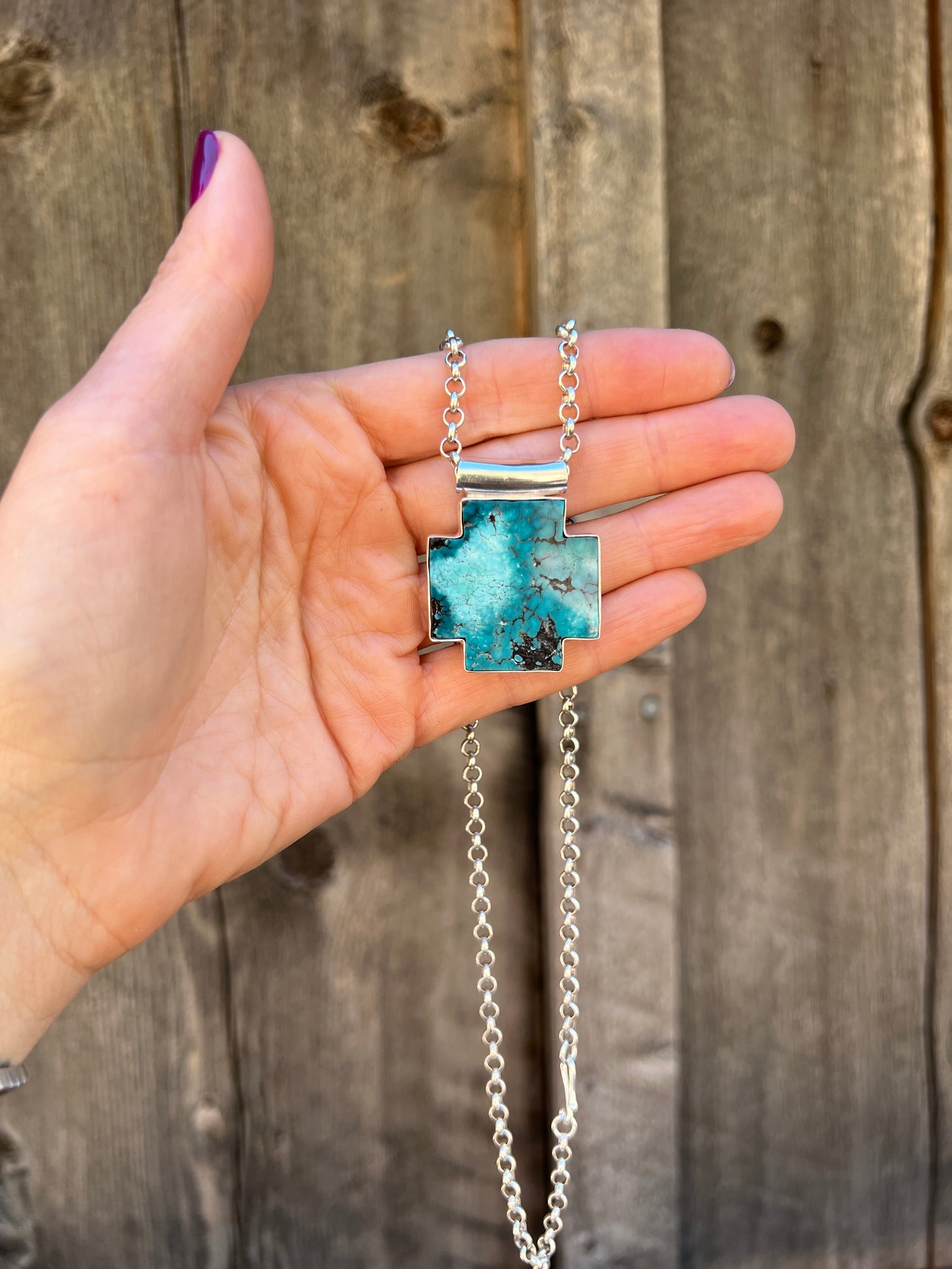 Turquoise Alpine Cross Necklace in Sterling Silver D55