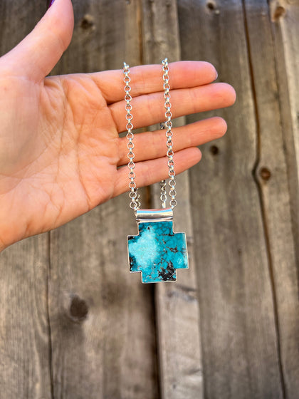 Turquoise Alpine Cross Necklace in Sterling Silver