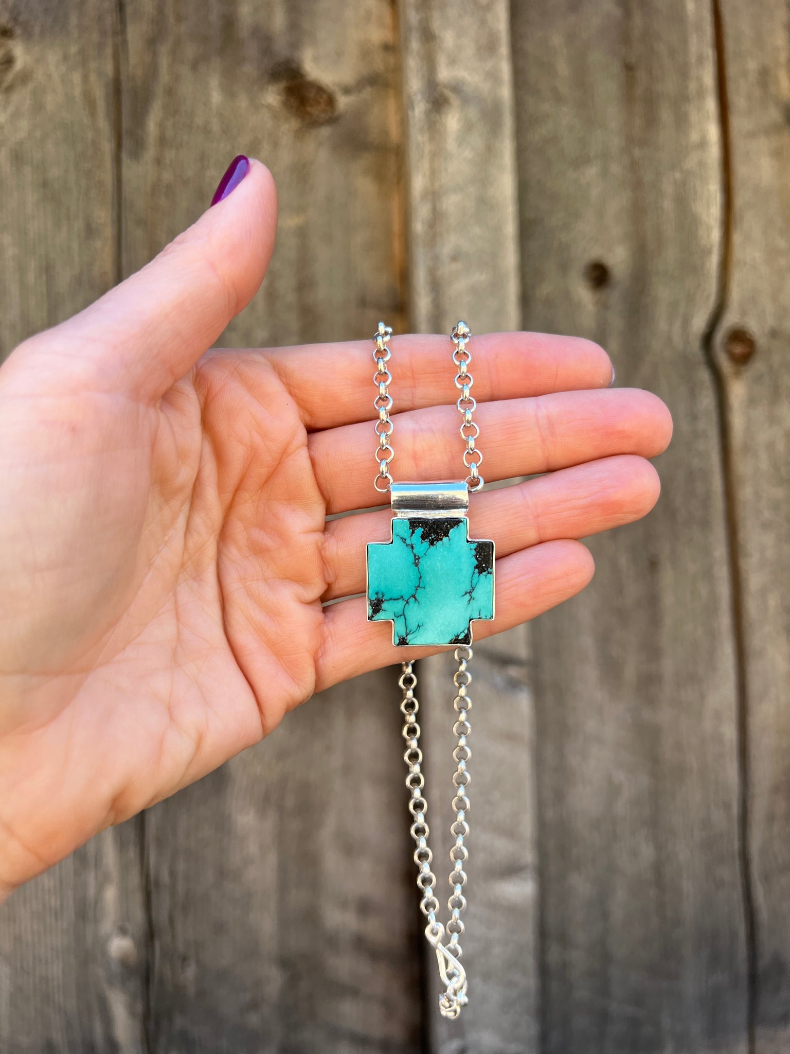 Turquoise Alpine Cross Necklace in Sterling Silver D56