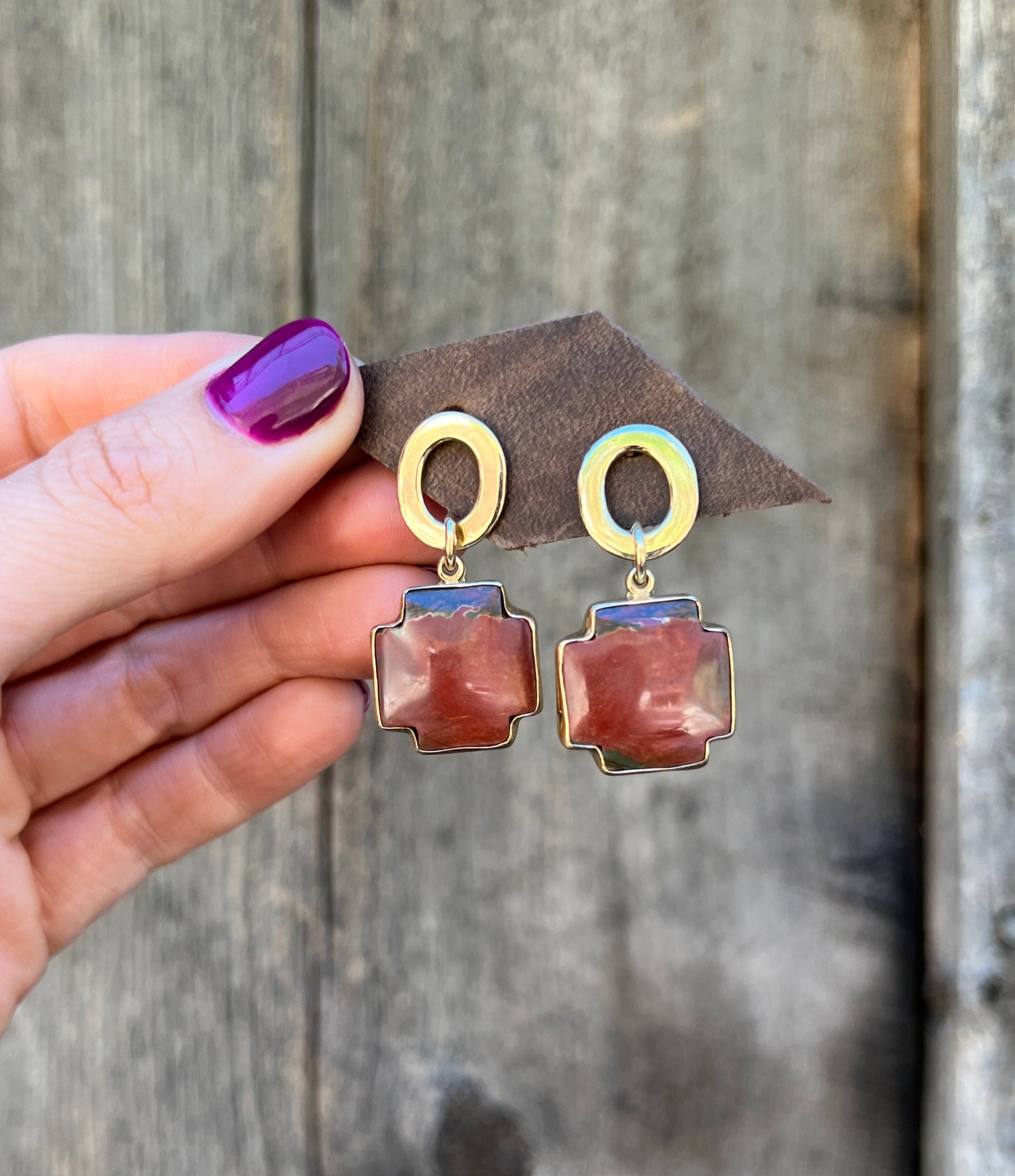 Red Creek Jasper Cross Earring in Gold Alchemia D34