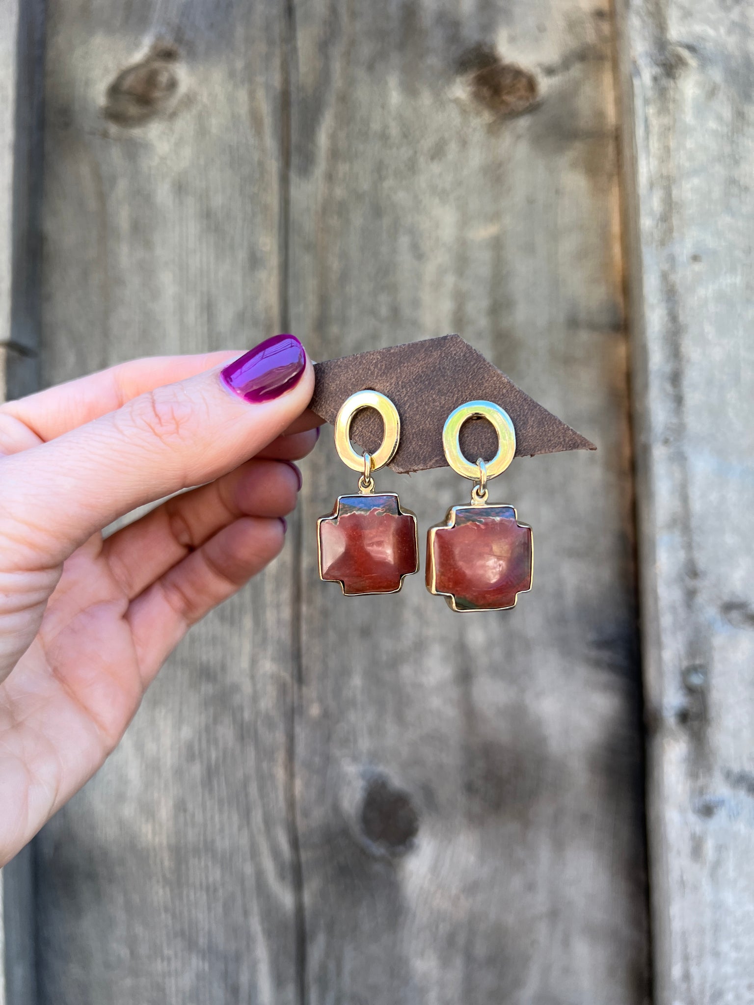 Red Creek Jasper Cross Earring in Gold Alchemia D34