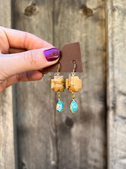 Red Creek Jasper & White Water Turquoise Cross Earring in Gold Alchemia