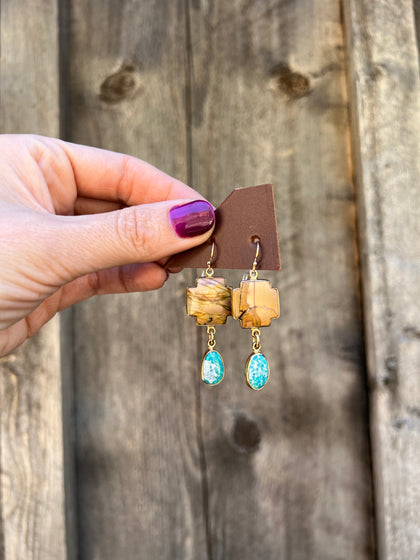 Red Creek Jasper & White Water Turquoise Cross Earring in Gold Alchemia