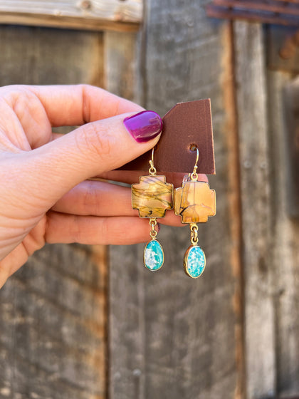 Red Creek Jasper & White Water Turquoise Cross Earring in Gold Alchemia