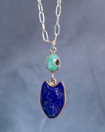 Lapis Coyote & Turquoise Necklace on Sterling Silver Paperclip Chain