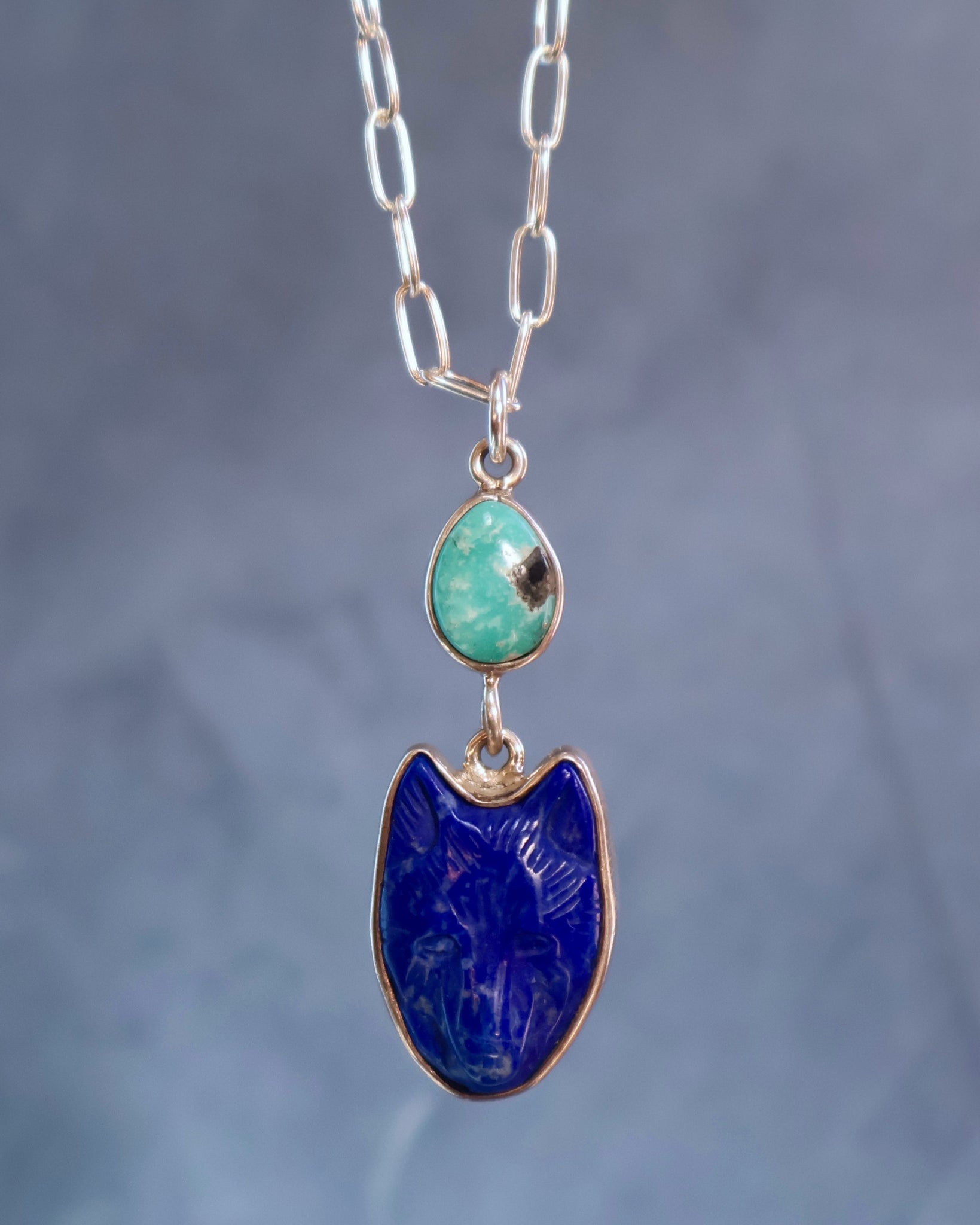 Lapis Coyote & Turquoise Necklace on Sterling Silver Paperclip Chain WT138
