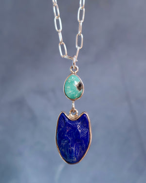 Lapis Coyote & Turquoise Necklace on Sterling Silver Paperclip Chain WT138