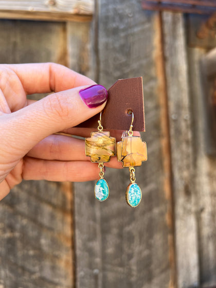 Red Creek Jasper & White Water Turquoise Cross Earring in Gold Alchemia
