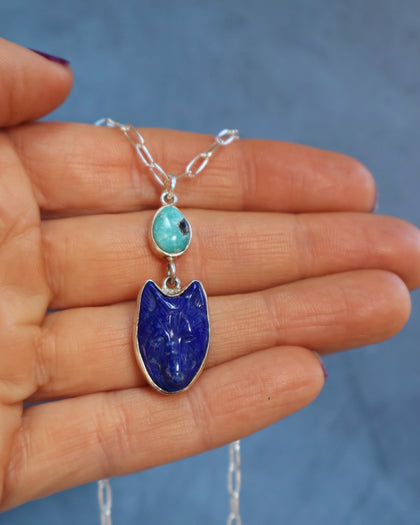 Lapis Coyote & Turquoise Necklace on Sterling Silver Paperclip Chain