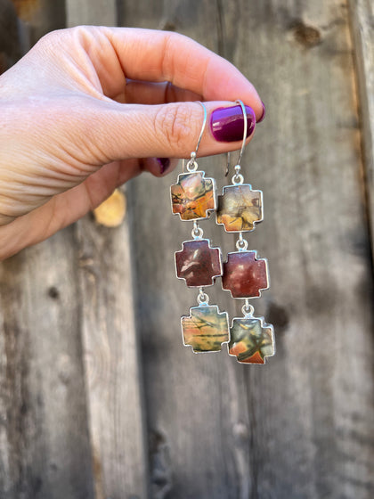 Red Creek Jasper Triple Cross Earring in Sterling Silver