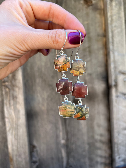 Red Creek Jasper Triple Cross Earring in Sterling Silver