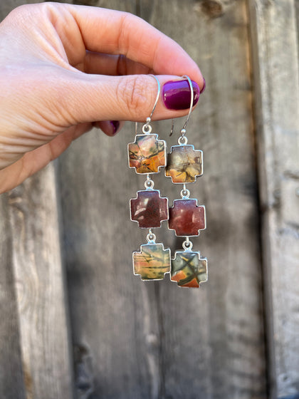 Red Creek Jasper Triple Cross Earring in Sterling Silver