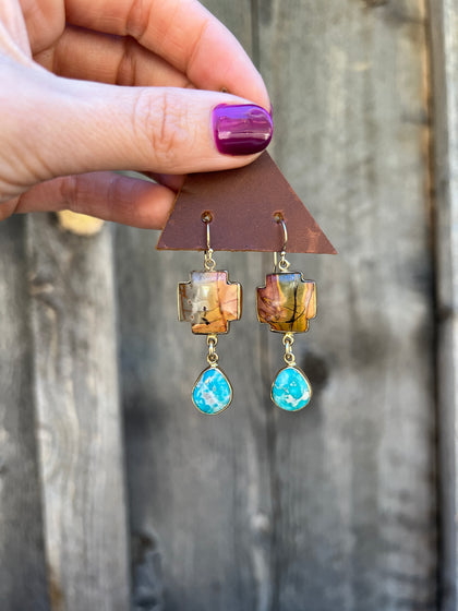 Red Creek Jasper & White Water Turquoise Cross Earring in Gold Alchemia