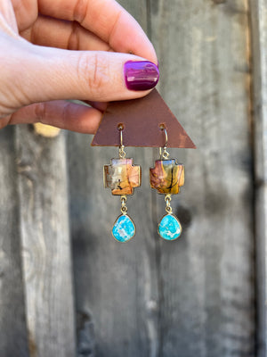 Red Creek Jasper & White Water Turquoise Cross Earring in Gold Alchemia D36