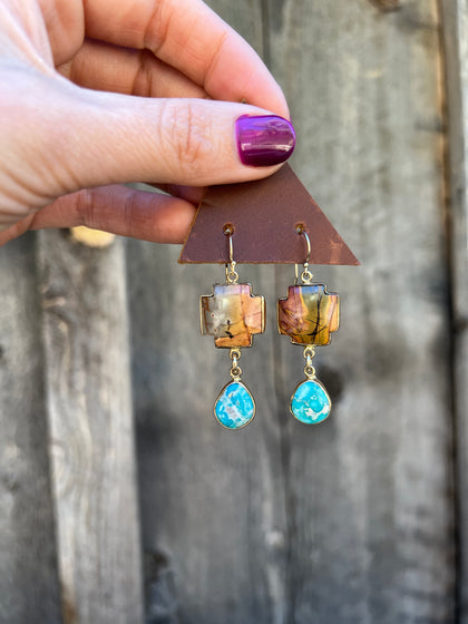 Red Creek Jasper & White Water Turquoise Cross Earring in Gold Alchemia
