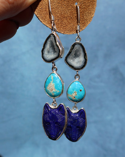 Lapis Coyote, Geode and Turquoise earrings in Sterling Silver