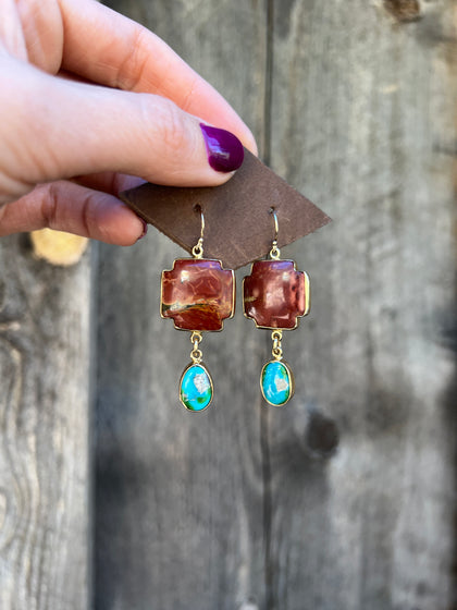 Red Creek Jasper & White Water Turquoise Cross Earring in Gold Alchemia