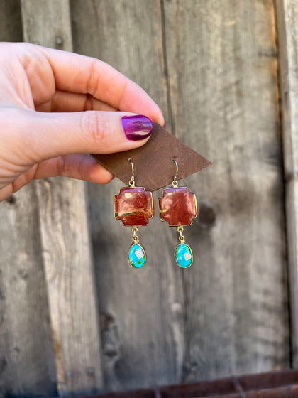 Red Creek Jasper & White Water Turquoise Cross Earring in Gold Alchemia