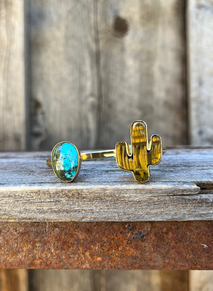Saguaro Cactus & Turquoise Double Stone Cuff Bracelet