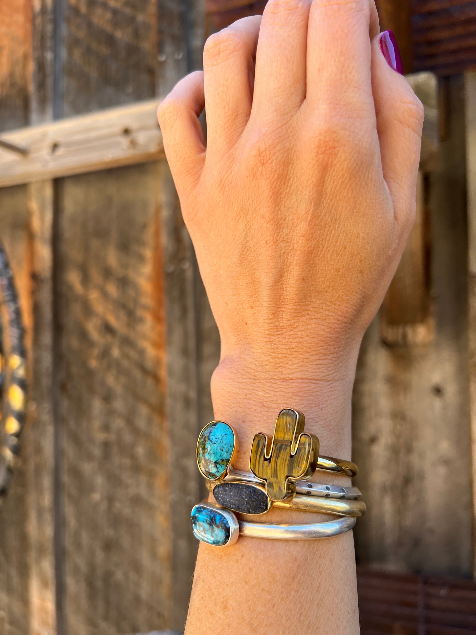 Saguaro Cactus & Turquoise Double Stone Cuff Bracelet D70