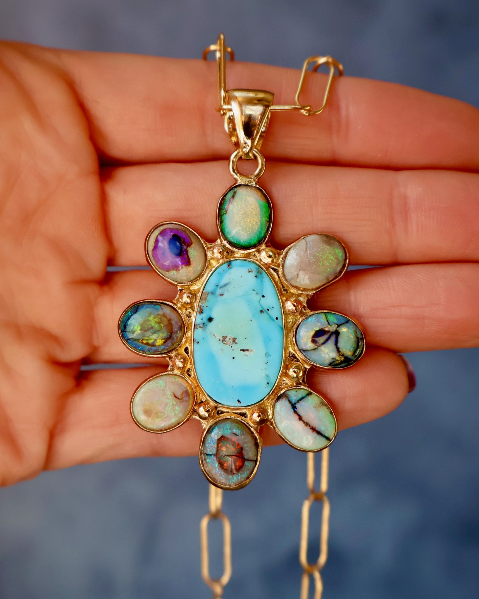 Wild Thistle Necklace Turquoise & Opal Pendant on Paperclip Chain WT158