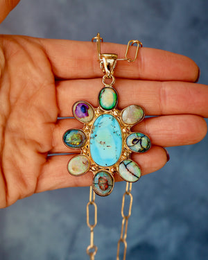 Wild Thistle Necklace Turquoise & Opal Pendant on Paperclip Chain WT158