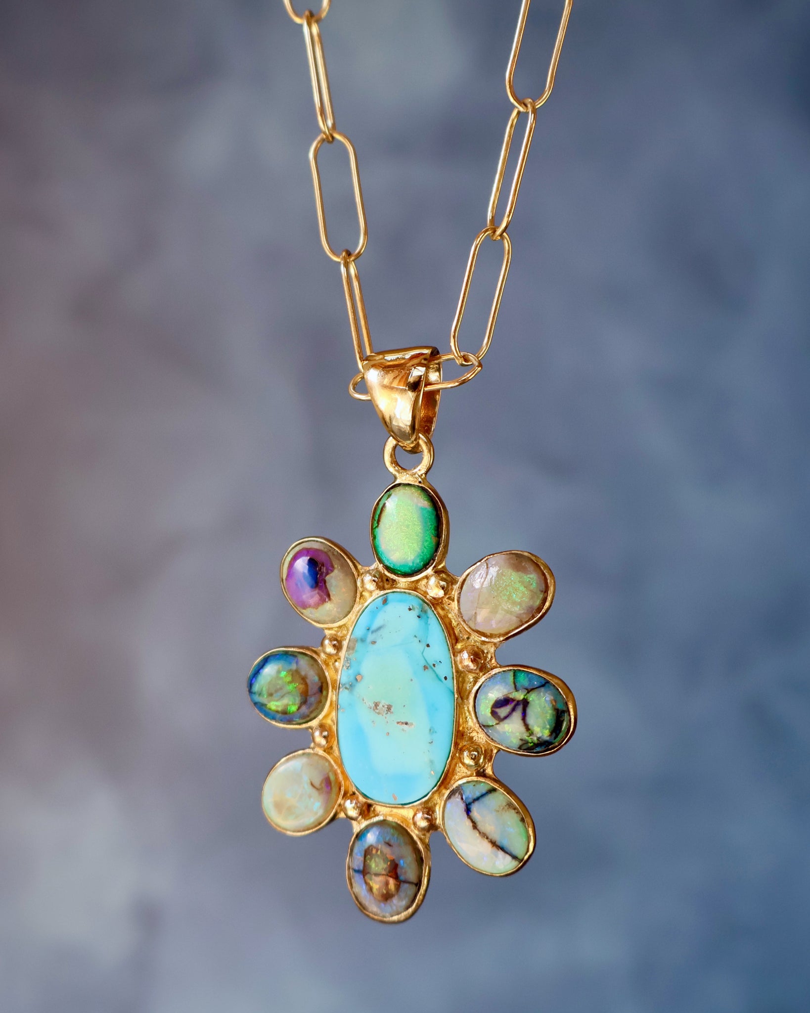 Wild Thistle Necklace Turquoise & Opal Pendant on Paperclip Chain WT158