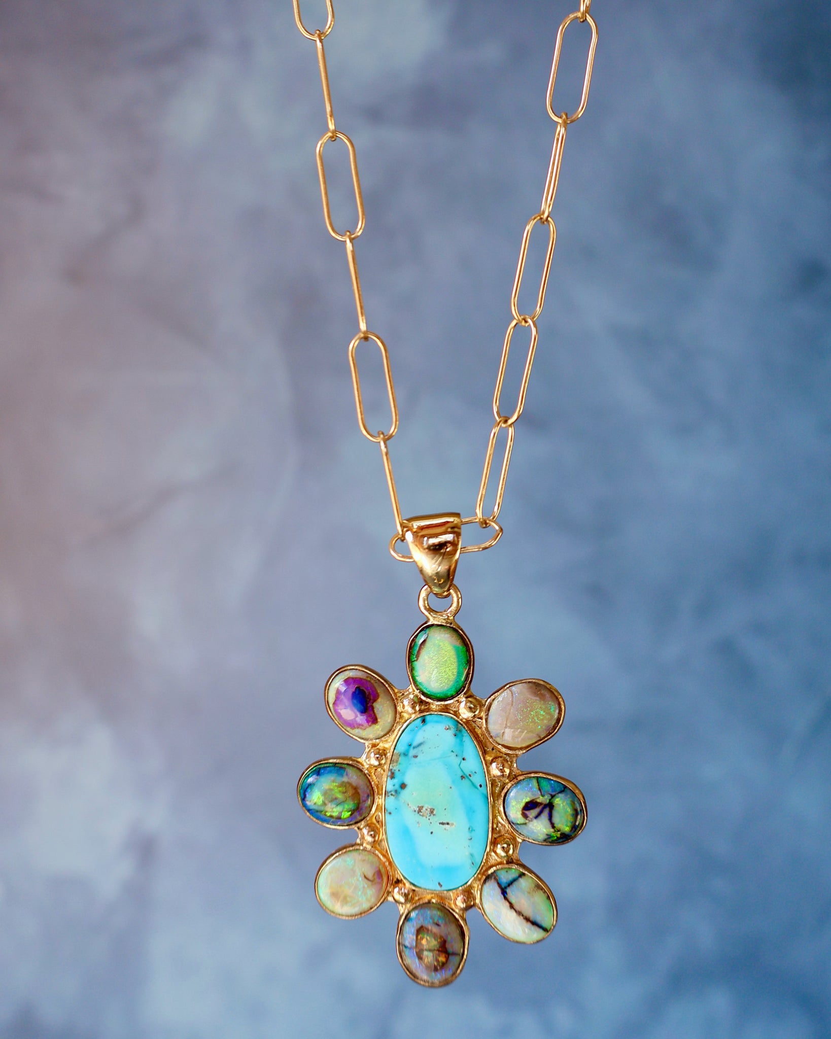 Wild Thistle Necklace Turquoise & Opal Pendant on Paperclip Chain WT158
