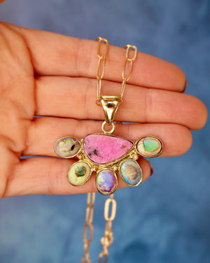 Wild Thistle Necklace Cobalto Calcite & Opal Pendant on Paperclip Chain WT160