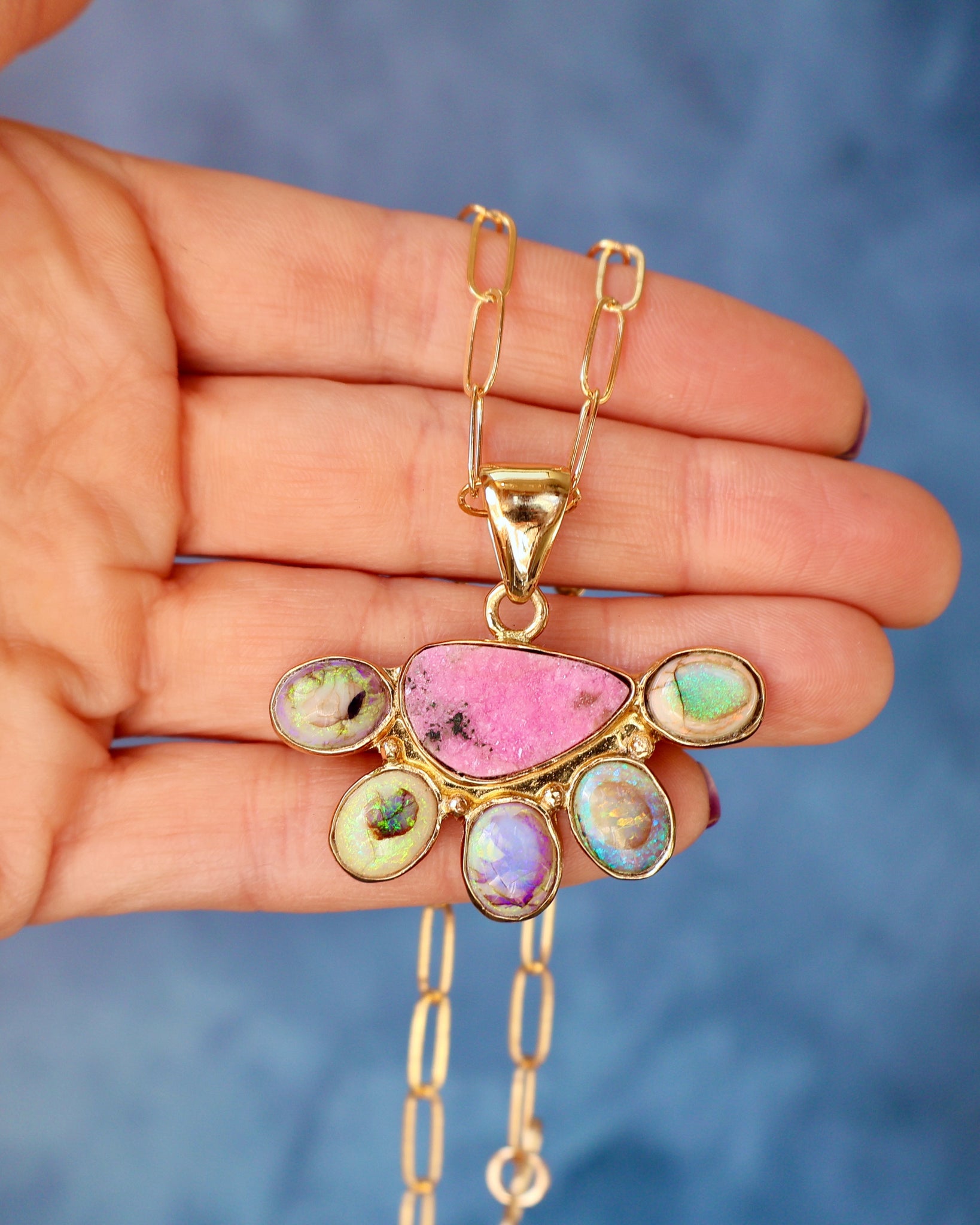 Wild Thistle Necklace Cobalto Calcite & Opal Pendant on Paperclip Chain WT160