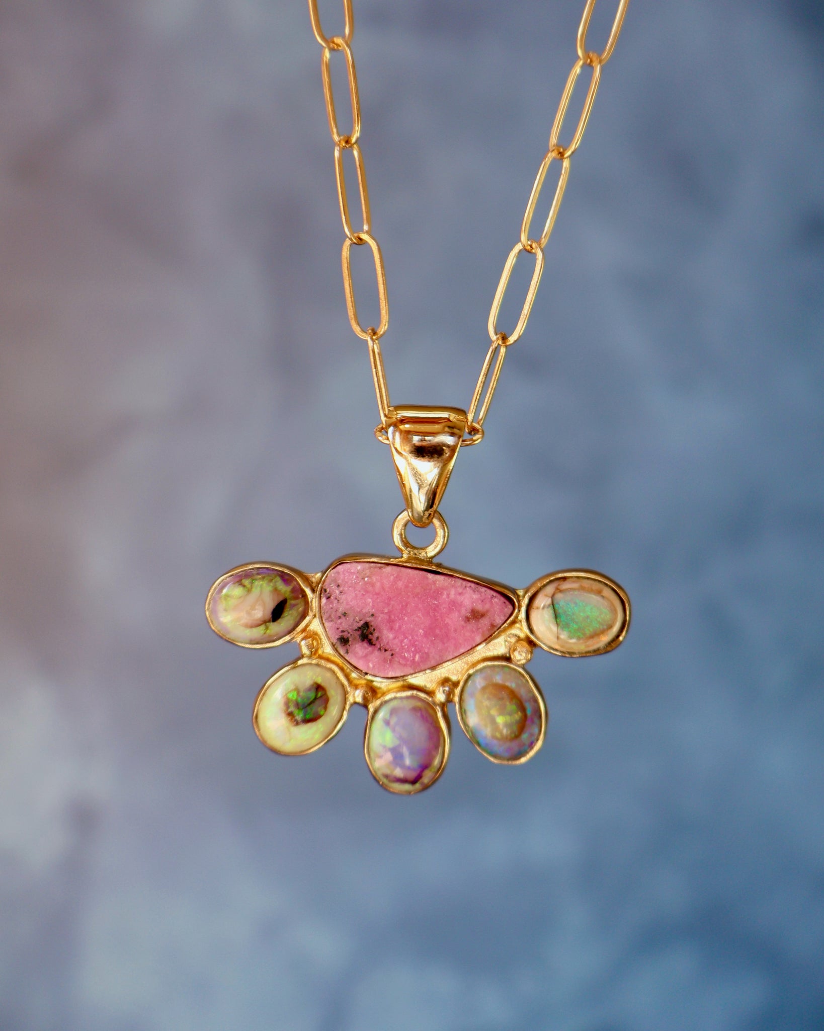Wild Thistle Necklace Cobalto Calcite & Opal Pendant on Paperclip Chain WT160