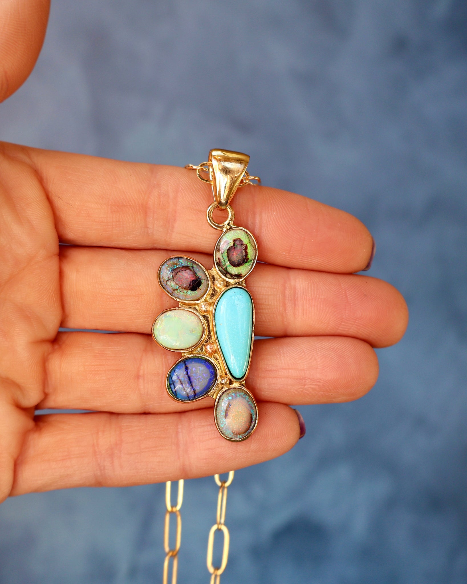 Wild Thistle Necklace Turquoise & Opal Pendant on Paperclip Chain WT159