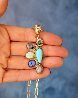 Wild Thistle Necklace Turquoise & Opal Pendant on Paperclip Chain WT159